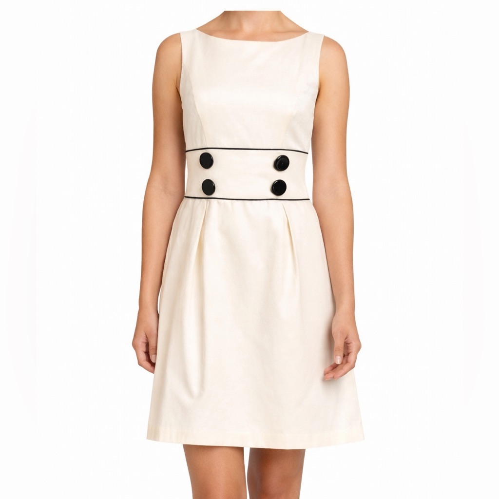 Democracy Beige Silky Sleeveless Black Button Accent Dress 10 Medium